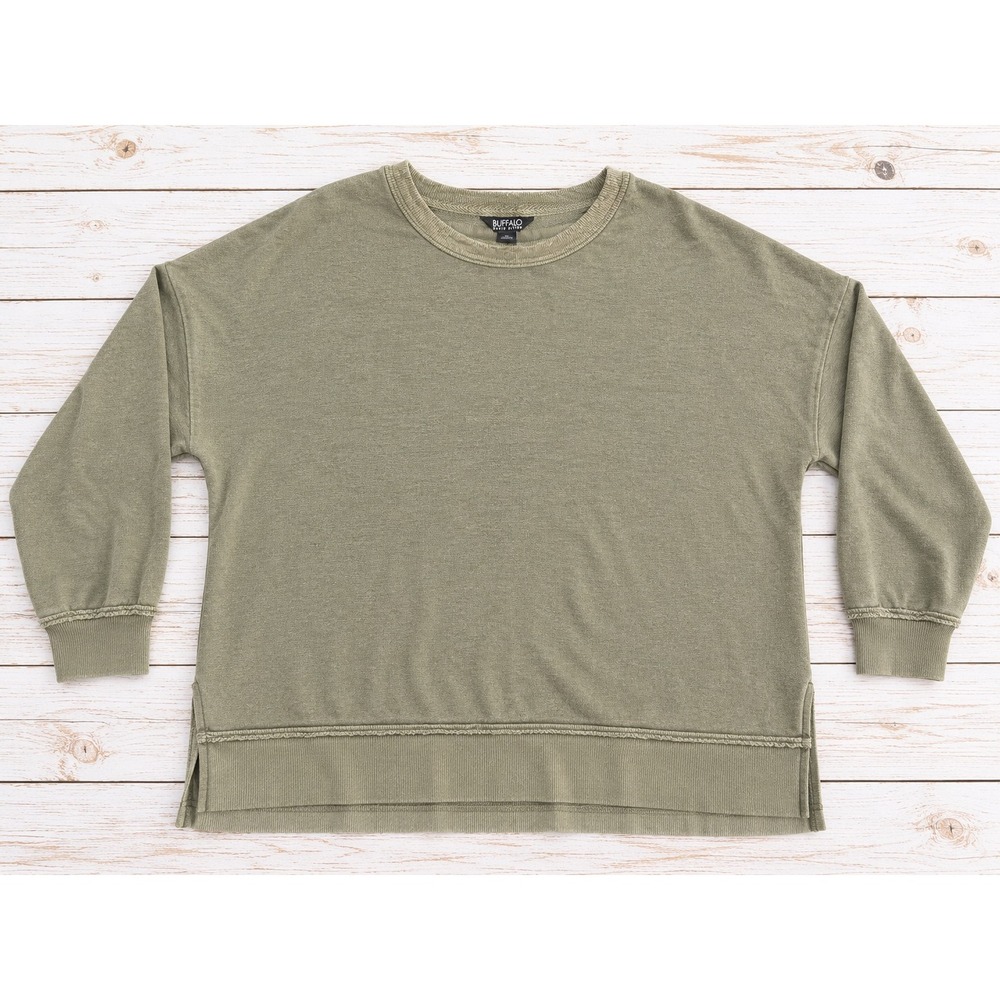 Buffalo David Bitton Sweatshirt Olive Green Pullover Raw Hem Casual Boho XL